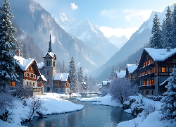 Zima, Miasteczko, Domy, Kościół, Rzeka, Góry