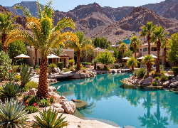 Domy, Basen, Palmy, Kwiaty, Rośliny, Parasole, Kamienie, Góry