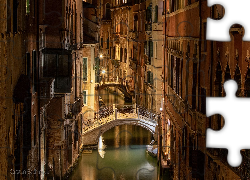 Włochy, Wenecja, Kanał, Domy, Most, Światło, Noc