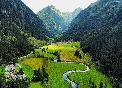Dolina, Rzeka, Domy, Góry, Alpy, Austria