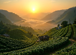 Plantacja, Pola, Góry, Wschód słońca