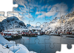 Norwegia, Góry, Lofoty, Domy, Chmury, Zima, Śnieg