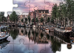 Holandia, Amsterdam, Domy, Drzewa, Rzeka, Kanał, Statki