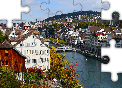 Szwajcaria, Zurych, Budynek, Rzeka Limmat, Most, Drzewa