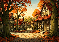 Jesień, Domy, Ulica, Drzewa