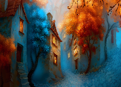 Domy, Uliczki, Niebieskie, Czerwone, Drzewa, Grafika AI