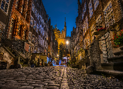 Polska, Gdańsk, Domy, Ulica, Światła, Noc