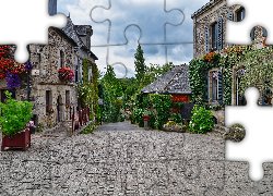 Kamienny, Domy, Kwiaty, Uliczka, Rochefort en Terre, Bretania, Francja