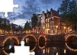 Holandia, Amsterdam, Rzeka Amstel, Most, Drzewa, Domy, Światła, Chmury