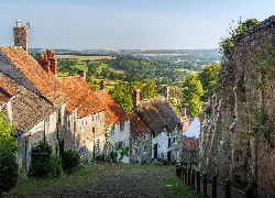 Anglia, Shaftesbury, Złote Wzgórze, Gold Hill, Ulica, Domy, Mur, Drzewa, Zachód Słońca