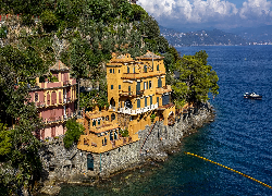 Domy, Skała, Drzewa, Morze, Portofino, Włochy