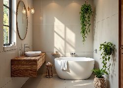 Łazienka, Wanna, Umywalka, Szafka, Lustro, Kwiaty, Okno, Kinkiet