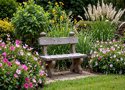 Ogród, Ławka, Kwitnące, Kwiaty, Trawa, Krzewy, AI, Rośliny