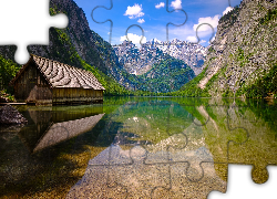 Jezioro Obersee, Drewniany, Domek, Szopa, Góry Alpy, Park Narodowy Berchtesgaden, Bawaria, Niemcy