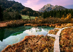 Słowenia, Kranjska Gora, Rezerwat przyrody Zelenci, Jezioro Zelenci, Góry, Drzewa, Drewniany, Pomost, Jesień