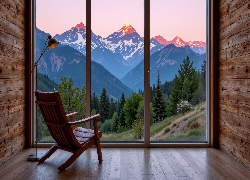 Pokój, Fotel, Okno, Drzewa, Góry, Grafika AI
