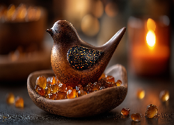 Drewniany, Ptak, Miska, Kamienie, Dekoracja, Grafika AI