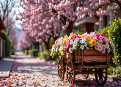 Wóz, Kolorowe, Kwiaty, Aleja, Kwitnące, Drzewa