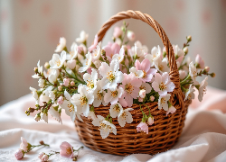 Białe, Różowe, Kwiaty, Wiklinowy, Koszyk