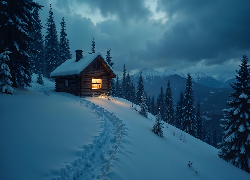 Zima, Drzewa, Dom, Śnieg, Droga, Góry, Chmury