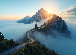 Góry, Mgła, Droga, Wschód Słońca