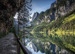 Austria, Góry, Jezioro, Gosausee, Lasy, Droga, Odbicie