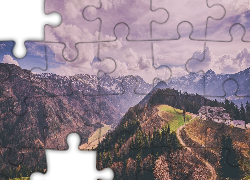 Góry, Chmury, Drzewa, Domy