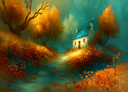 Dom, Dróżka, Drzewa, Grafika AI