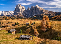 Włochy, Płaskowyż Seiser Alm, Dolina Val Gardena, Góry Sassolungo, Dolomity, Domy, Drzewa, Jesień
