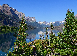 Stany Zjednoczone, Montana, Park Narodowy Glacier, Góry, Sierra Nevada Mountains, Jezioro, St Mary Lake, Drzewa