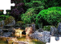 Ogród japoński, Drzewa, Krzewy, Strumień, Kamienie