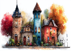 Kolorowe, Domy, Kwiaty, Drzewa, Grafika AI