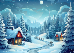 Zima, Domy, Rzeka, Las, Śnieg, Drzewa, Księżyc, AI