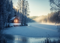 Zima, Jezioro, Lód, Mgła, Drzewa, Dom, Śnieg