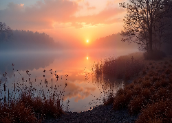 Wschód słońca, Jezioro, Mgła, Drzewa, Rośliny