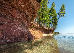 Stany Zjednoczone, Michigan, Jezioro, Superior Lake, Skała, Drzewa