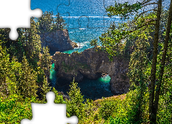 Skały, Most skalny, Drzewa, Morze, Punkt widokowy, Natural Bridges Viewpoint, Brookings, Oregon, Stany Zjednoczone