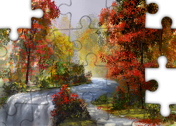 Rzeka, Drzewa, Jesień, Digital Art