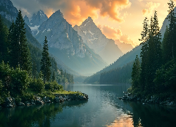 Góry, Jezioro, Wschód słońca, Mgła, Drzewa, AI