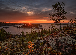 Rosja, Karelia, Jezioro, Ładoga, Skały, Drzewa, Niebo, Zachód słońca