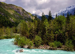 Góry, Rzeka, Kamienie, Las, Drzewa, Chmury