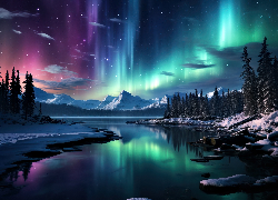 Zima, Rzeka, Drzewa, Góry, Zorza polarna, Grafika AI