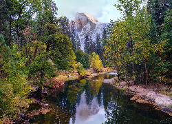 Stany Zjednoczone, Kalifornia, Park Narodowy Yosemite, Góry, Szczyt, Half Dome, Rzeka, Merced River, Drzewa