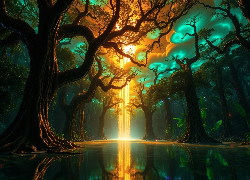 Krajobraz, Sceniczny, Przyroda, Natura, Drzewa, Światło, Odbicia, Woda, Fantasy