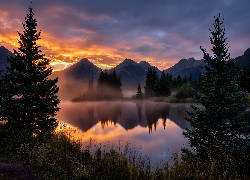 Drzewa, Jezioro, Góry, Zachód słońca, Grafika AI