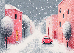 Różowe, Domy, Samochód, Zima, Drzewa, Grafika AI