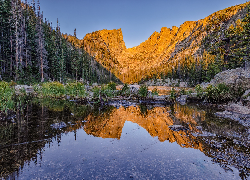 Stany Zjednoczone, Kolorado, Park Narodowy Gór Skalistych, Góry, Jezioro, Dream Lake, Lasy, Odbicie