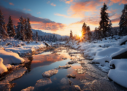 Zima, Rzeka, Śnieg, Drzewa, Zachód słońca