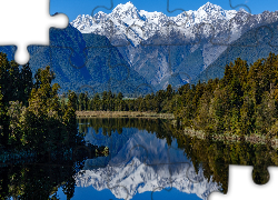 Las, Góry, Jezioro, Odbicie, Jezioro Matheson, Alpy Południowe, Nowa Zelandia
