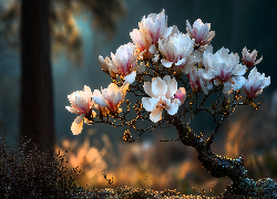 Magnolia, Krzew, Różowe, Kwiaty, Bonsai, Grafika AI